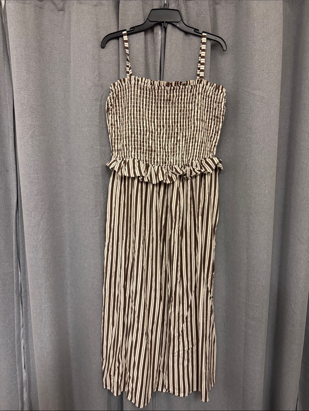 Market Sprice Striped Smocked Midi Dress in Brown/White